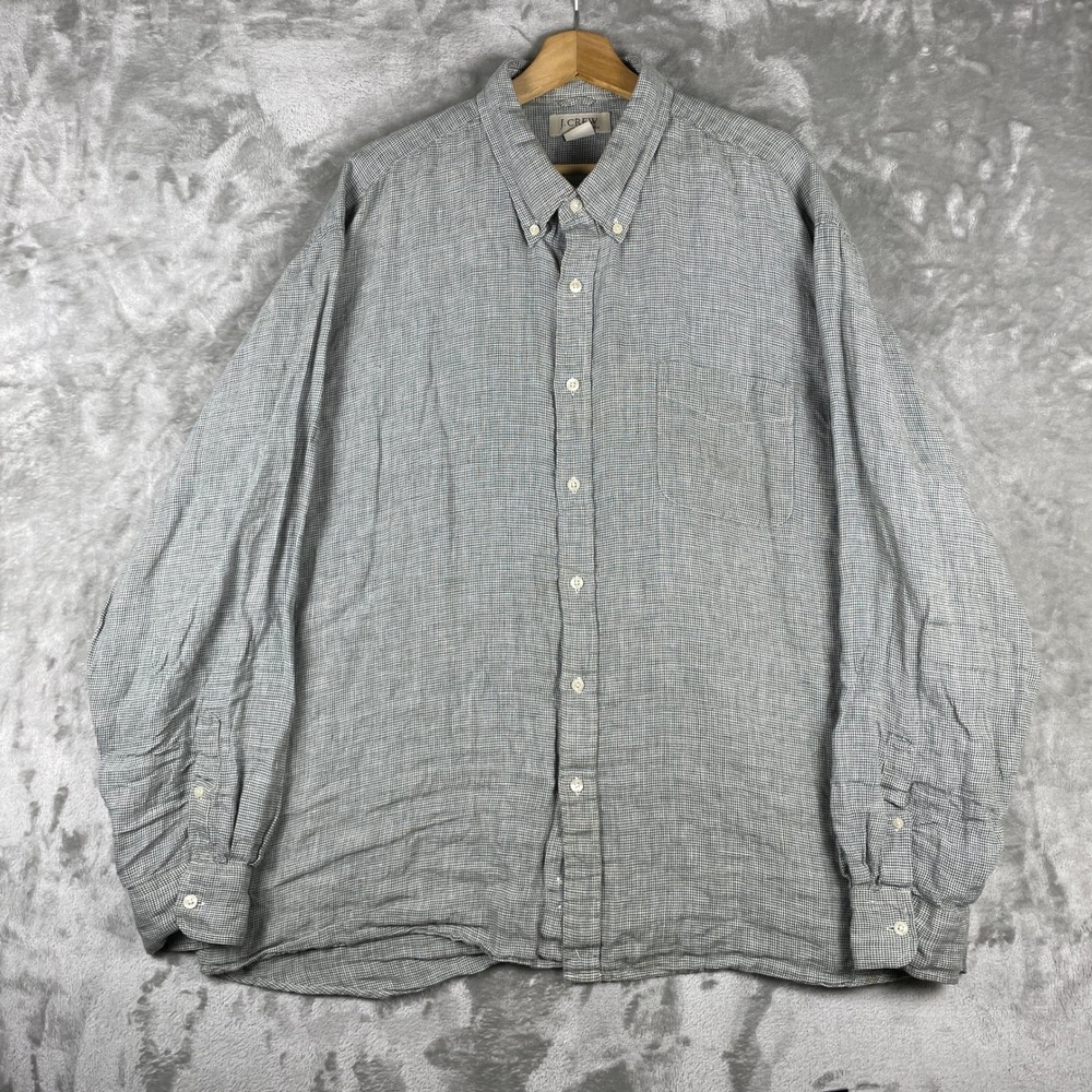 J. Crew Button Down Shirt Mens XXL Irish Linen Houndstooth Long Sleeve